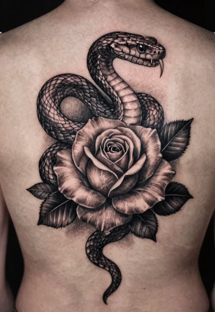 17 Snake and Rose Tattoo Ideas: Power, Passion, and Contrast - 7. Black and Grey Realism 1