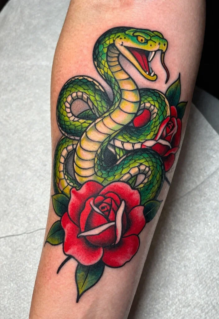 17 Snake and Rose Tattoo Ideas: Power, Passion, and Contrast - 9. Contrast in Color 1