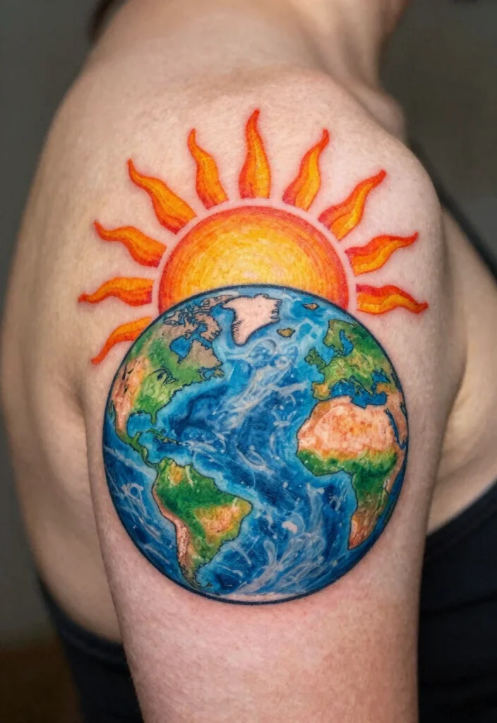17 Unique Sun Tattoo Ideas: Radiant, Symbolic, and Creative - 15. Sun and Earth Tattoo 1