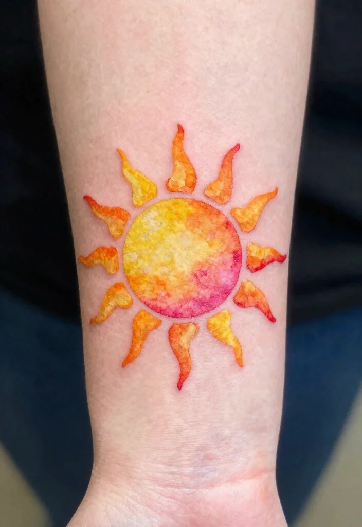 17 Unique Sun Tattoo Ideas: Radiant, Symbolic, and Creative - 2. Watercolor Sun Tattoo 1