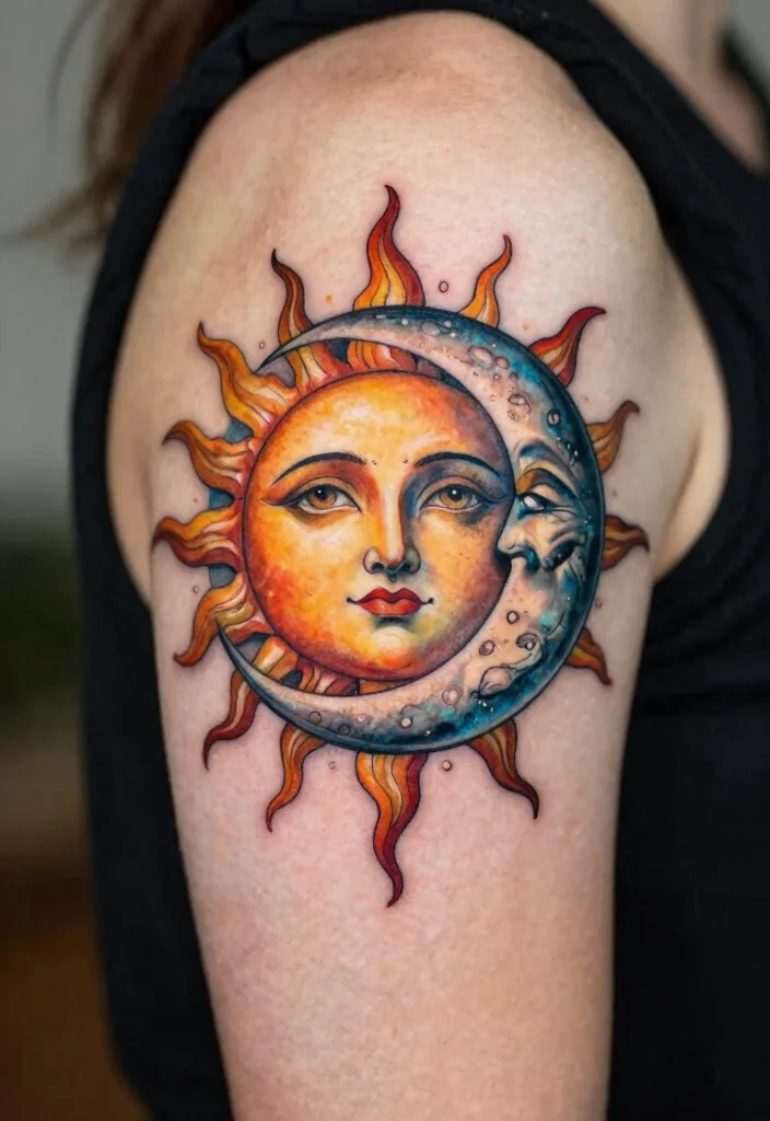 17 Unique Sun Tattoo Ideas: Radiant, Symbolic, and Creative - 5. Celestial Sun and Moon Tattoo 1