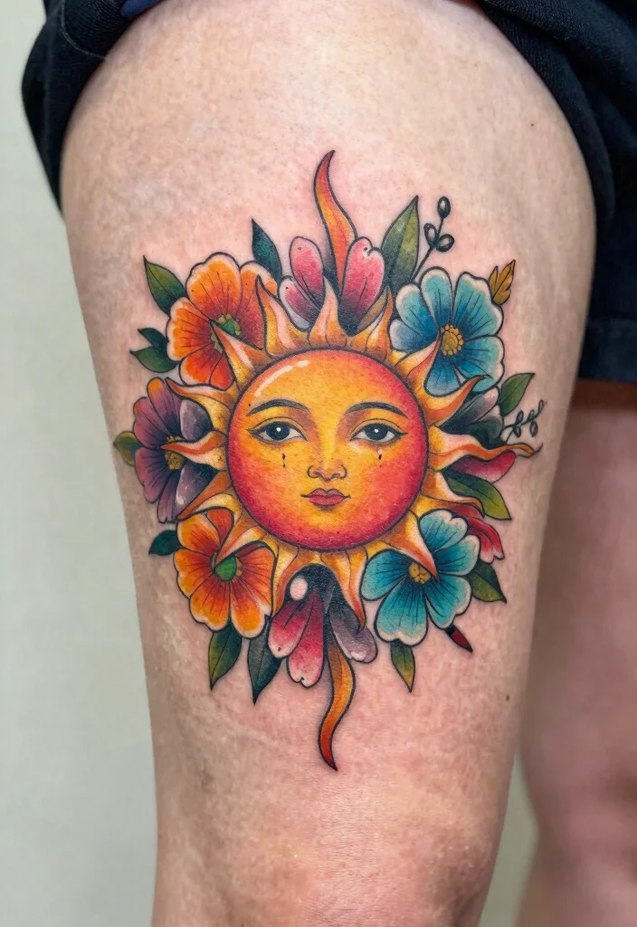 17 Unique Sun Tattoo Ideas: Radiant, Symbolic, and Creative - 7. Floral Sun Tattoo 1