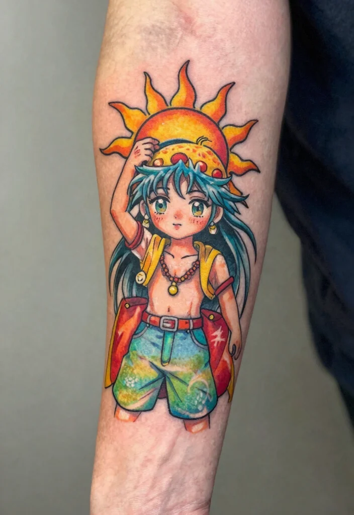 17 Unique Sun Tattoo Ideas: Radiant, Symbolic, and Creative - 9. Anime-Inspired Sun Tattoo 1