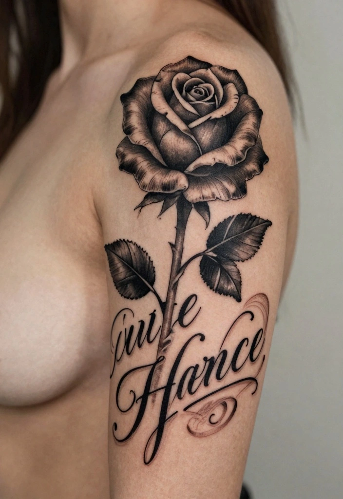 18 Black Rose Tattoo Coverup Ideas: Dark, Elegant, and Clever - 11. Vintage-Inspired Script 1