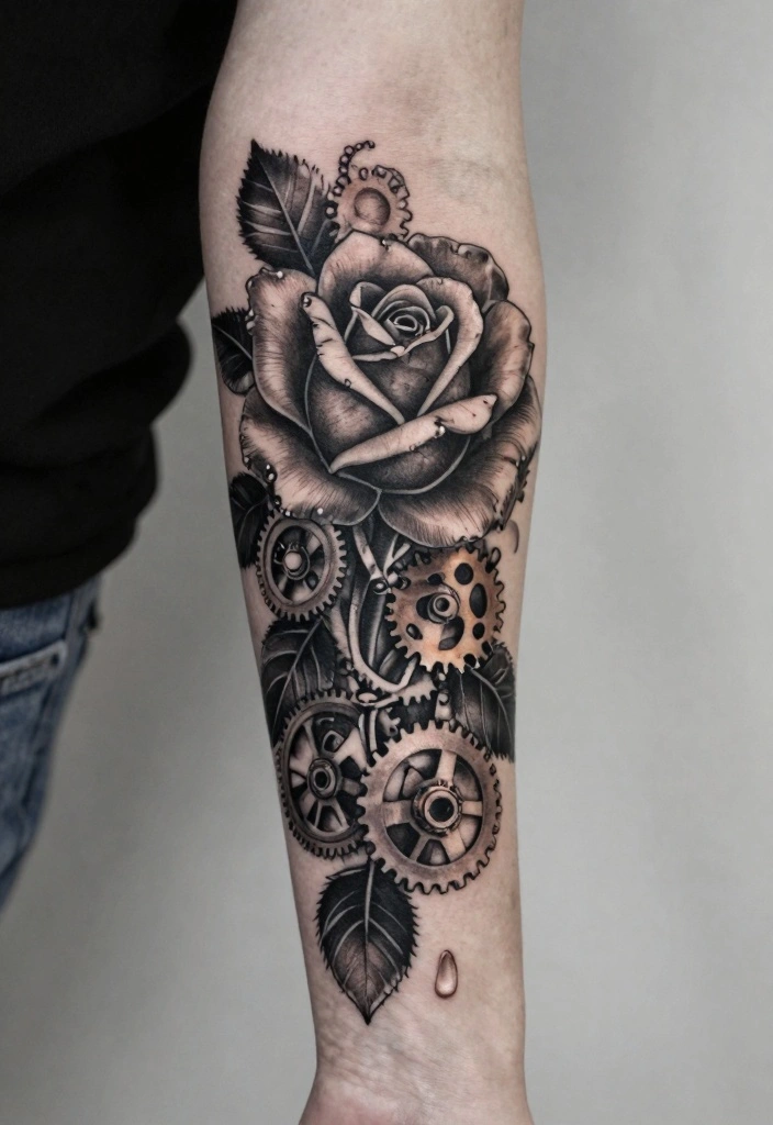 18 Black Rose Tattoo Coverup Ideas: Dark, Elegant, and Clever - 12. Mechanical Steampunk Style 1