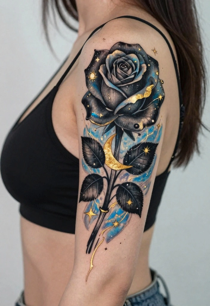 18 Black Rose Tattoo Coverup Ideas: Dark, Elegant, and Clever - 14. Celestial Dreams 1