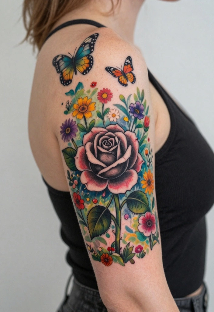 18 Black Rose Tattoo Coverup Ideas: Dark, Elegant, and Clever - 17. Whimsical Garden 1