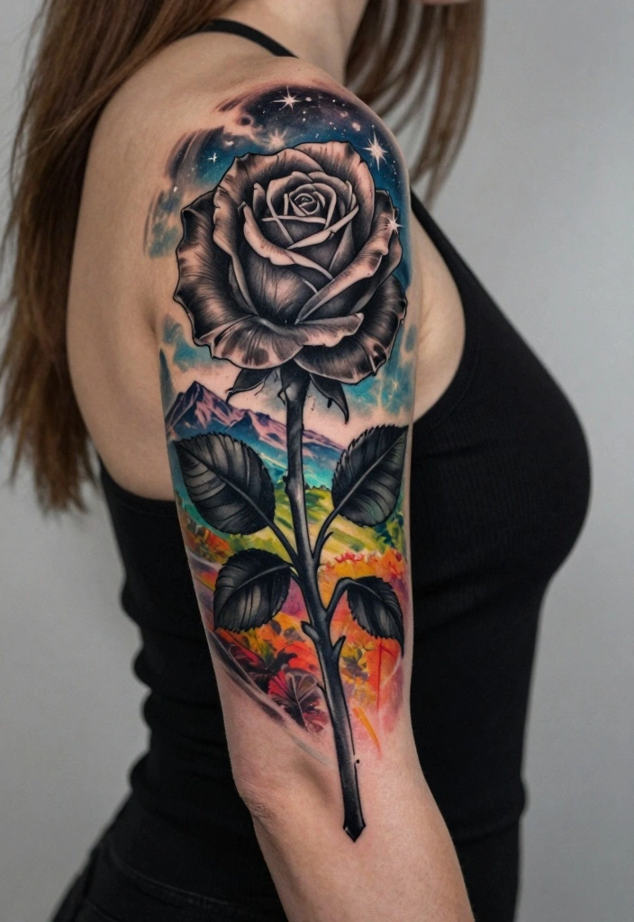 18 Black Rose Tattoo Coverup Ideas: Dark, Elegant, and Clever - 4. Nature-Inspired Landscape 1