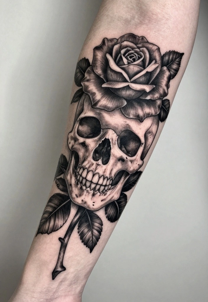 18 Black Rose Tattoo Coverup Ideas: Dark, Elegant, and Clever - 7. Stylized Skull 1