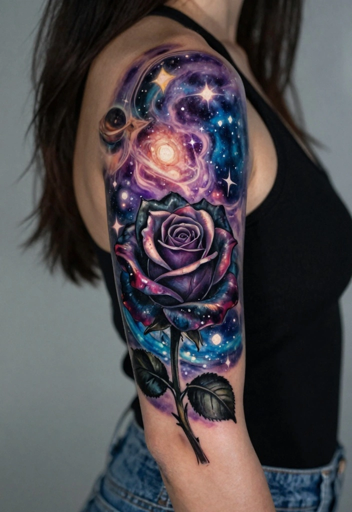 18 Black Rose Tattoo Coverup Ideas: Dark, Elegant, and Clever - 8. Dreamy Galaxy 1