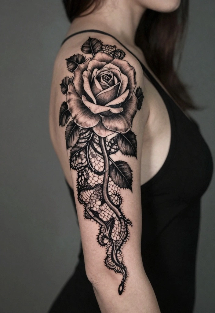 18 Black Rose Tattoo Coverup Ideas: Dark, Elegant, and Clever - 9. Elegant Lace Overlay 1