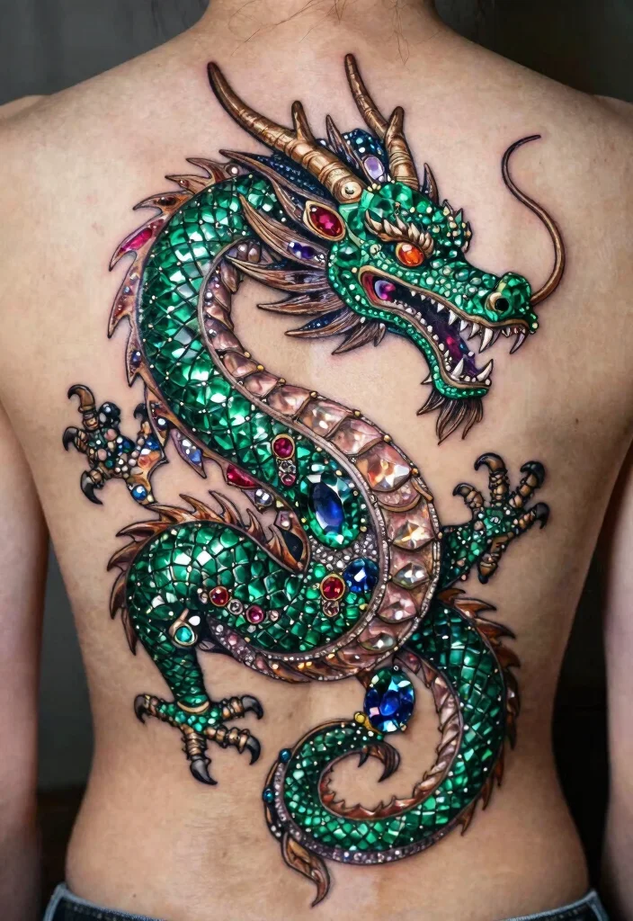 18 Dragon Back Tattoo Ideas: Epic, Powerful Statement Ink - 14. Mythical Dragon with Jewels 1