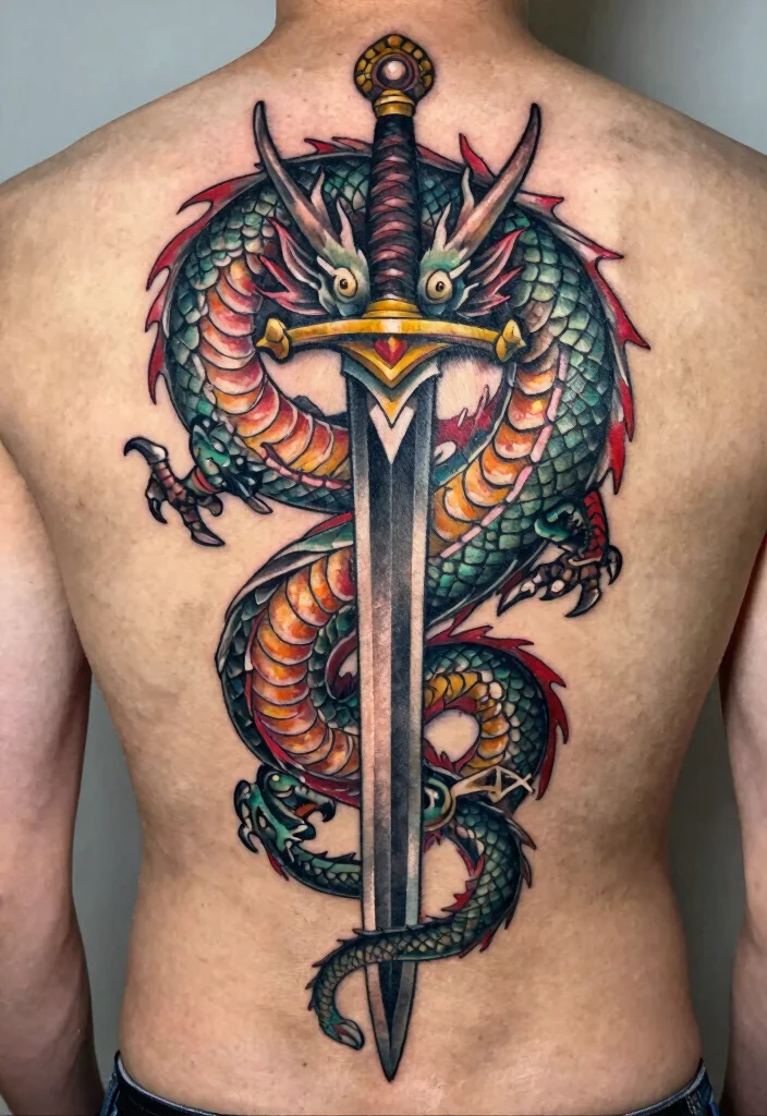18 Dragon Back Tattoo Ideas: Epic, Powerful Statement Ink - 15. Dragon Wrapped Around a Sword 1
