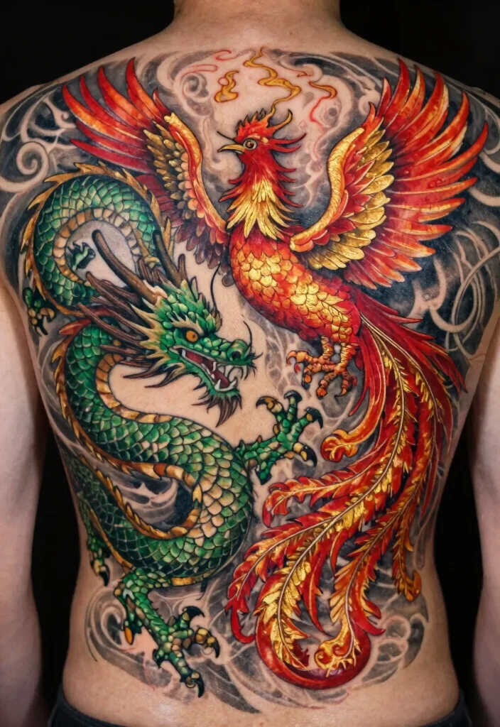 18 Dragon Back Tattoo Ideas: Epic, Powerful Statement Ink - 6. Dragon and Phoenix Fusion 1
