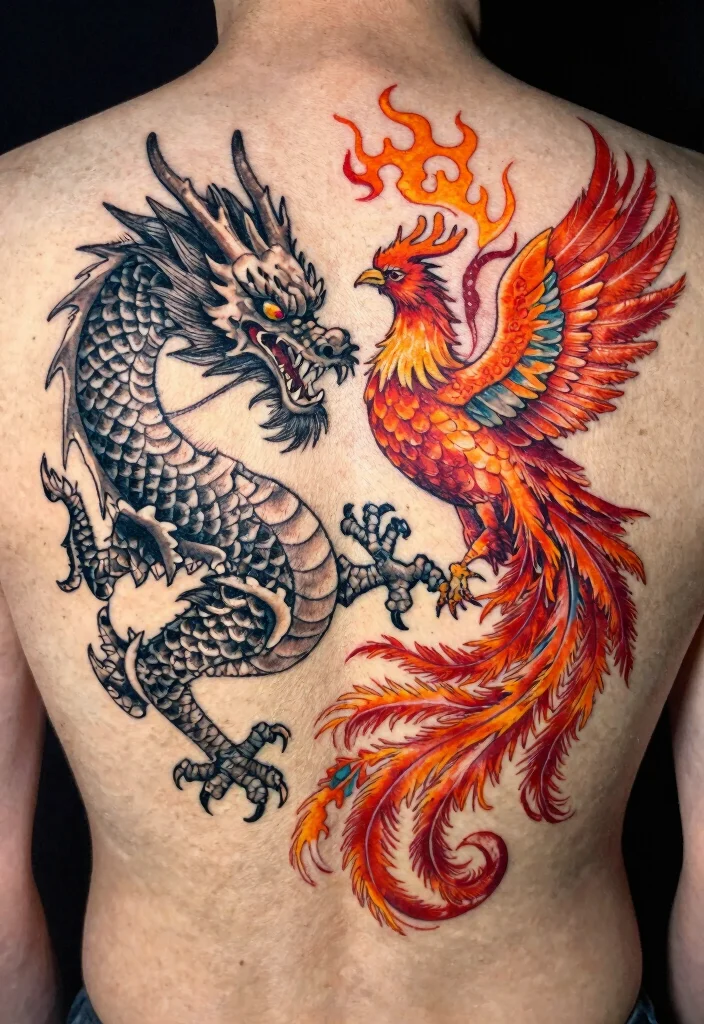 18 Dragon Tattoo Men Ideas Strong Bold and Masculine - 15. Dragon and Phoenix Combination 1
