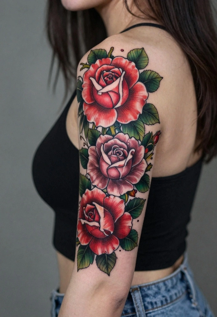 18 Flower Sleeve Tattoo Ideas Flowing Elegant and Detailed - 1. Radiant Roses 1