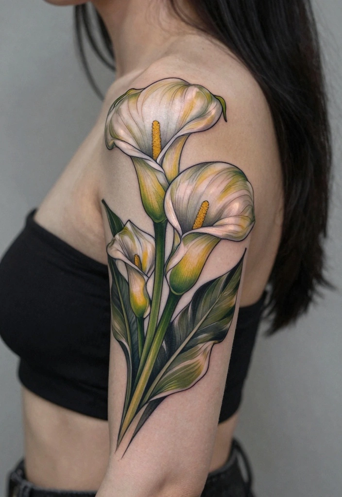 18 Flower Sleeve Tattoo Ideas Flowing Elegant and Detailed - 12. Breathtaking Calla Lilies 1