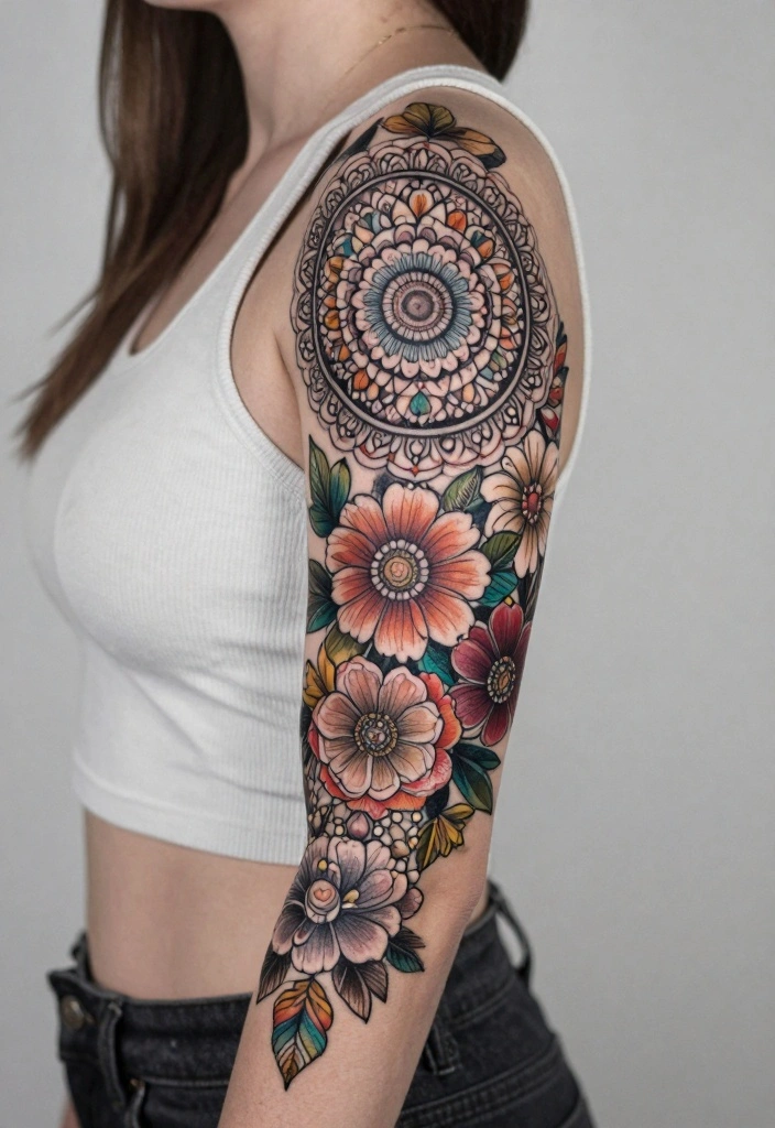 18 Flower Sleeve Tattoo Ideas Flowing Elegant and Detailed - 14. Artistic Floral Mandalas 1
