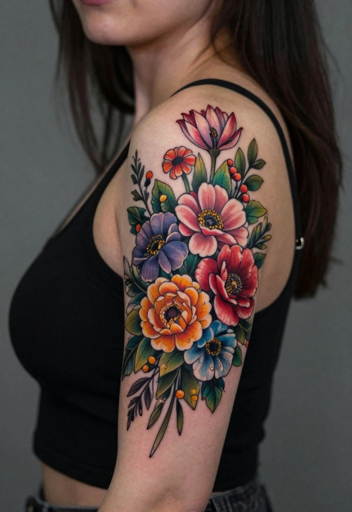 18 Flower Sleeve Tattoo Ideas Flowing Elegant and Detailed - 16. Enchanting Flower Bouquets 1