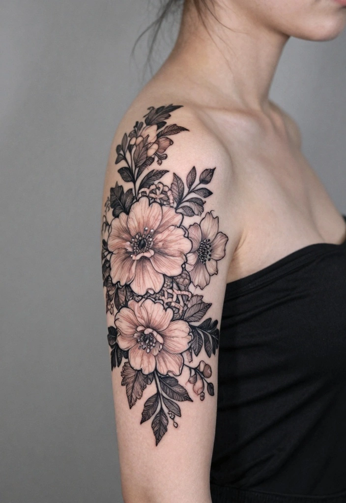 18 Flower Sleeve Tattoo Ideas Flowing Elegant and Detailed - 17. Elegant Floral Lace 1