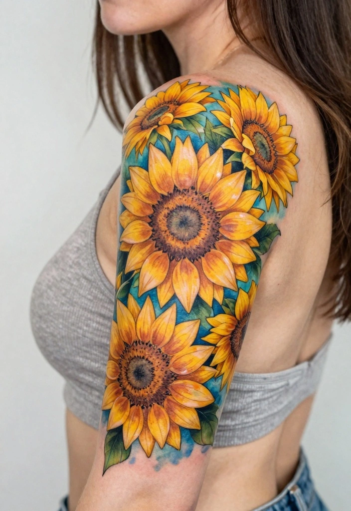 18 Flower Sleeve Tattoo Ideas Flowing Elegant and Detailed - 2. Serene Sunflowers 1
