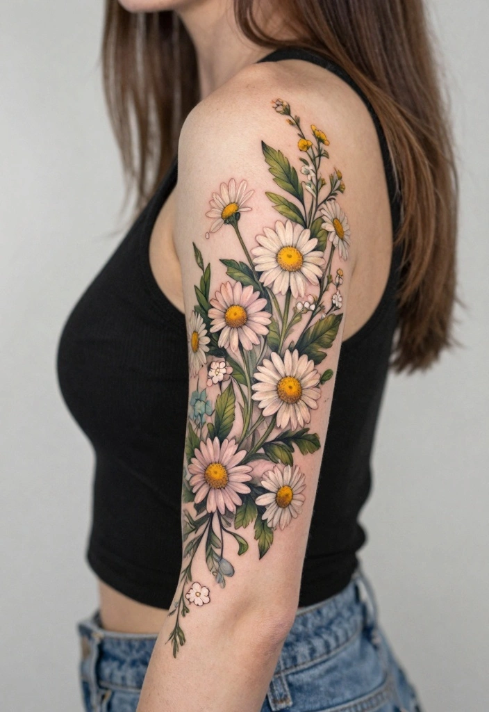 18 Flower Sleeve Tattoo Ideas Flowing Elegant and Detailed - 3. Dainty Daisies 1