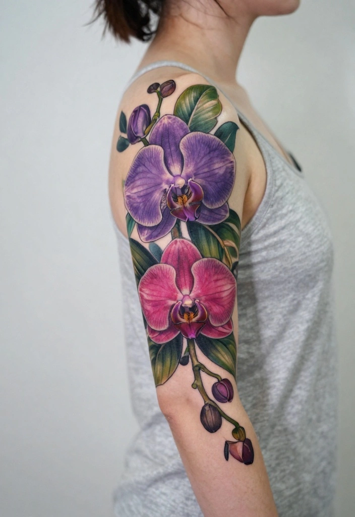 18 Flower Sleeve Tattoo Ideas Flowing Elegant and Detailed - 5. Exotic Orchids 1