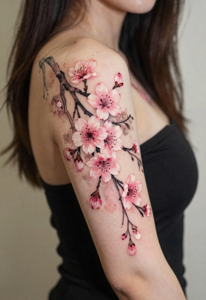 18 Flower Sleeve Tattoo Ideas Flowing Elegant and Detailed - 7. Elegant Cherry Blossoms 1