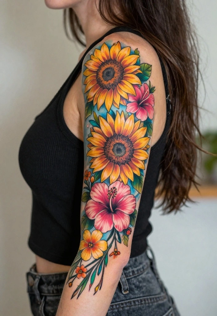 18 Flower Tattoo Sleeve Ideas: Artistic, Cohesive, and Bold - 1. Color Burst Floral Sleeve 1