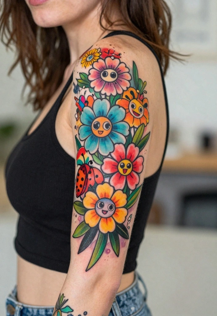 18 Flower Tattoo Sleeve Ideas: Artistic, Cohesive, and Bold - 10. Whimsical Floral Illustrations 1