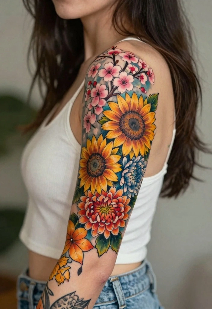 18 Flower Tattoo Sleeve Ideas: Artistic, Cohesive, and Bold - 12. Seasonal Floral Themes 1