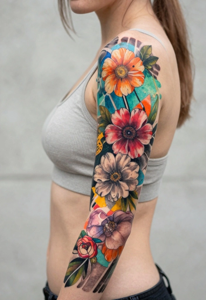18 Flower Tattoo Sleeve Ideas: Artistic, Cohesive, and Bold - 13. Modern Floral Collage 1