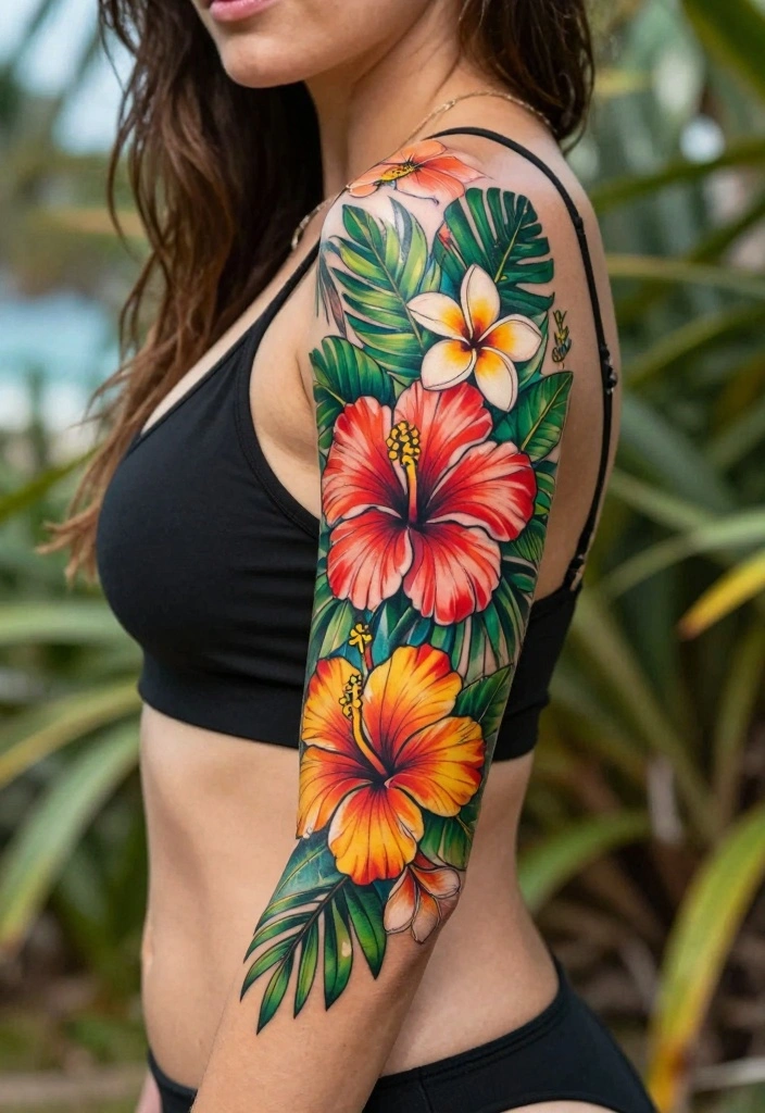 18 Flower Tattoo Sleeve Ideas: Artistic, Cohesive, and Bold - 15. Vibrant Tropical Floral Sleeve 1