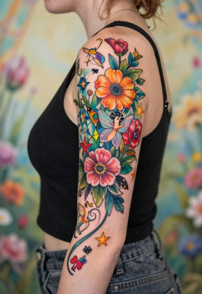 18 Flower Tattoo Sleeve Ideas: Artistic, Cohesive, and Bold - 17. Whimsical Fairy Tale Florals 1