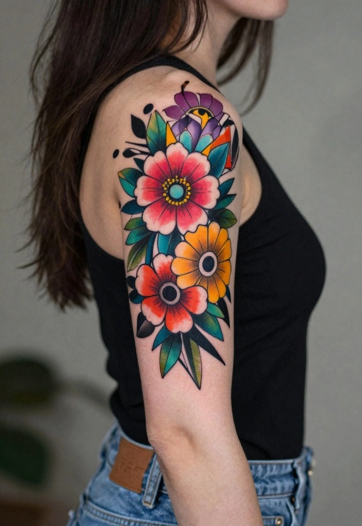 18 Flower Tattoo Sleeve Ideas: Artistic, Cohesive, and Bold - 7. Bold Geometric Floral Fusion 1