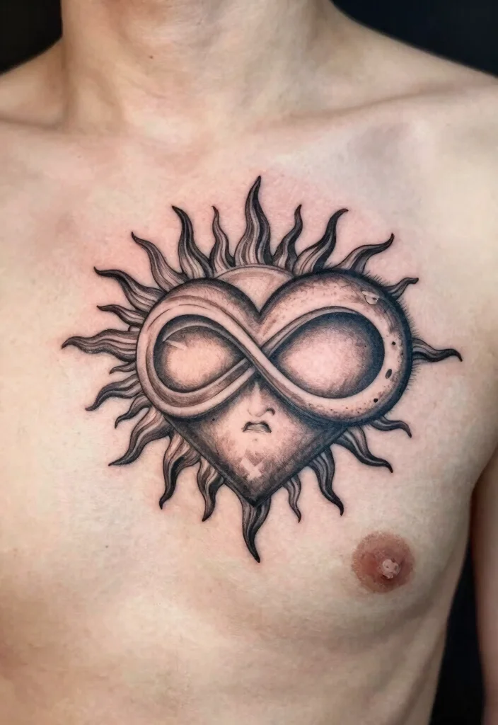 18 Infinity Heart Tattoo Ideas: Eternal Love and Meaning - 14. Infinity Heart with Sun and Moon 1