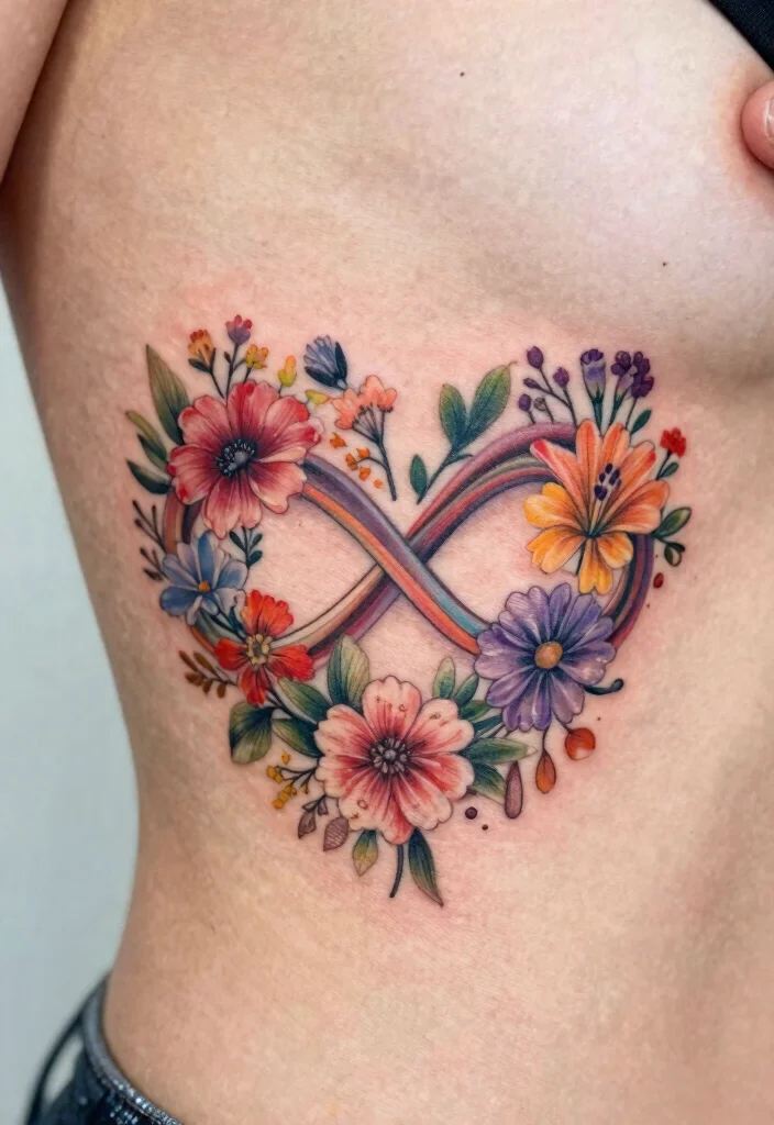 18 Infinity Heart Tattoo Ideas: Eternal Love and Meaning - 7. Infinity Heart with Birth Flowers 1