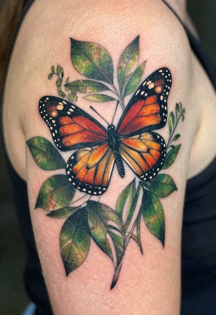 18 Monarch Butterfly Tattoo Ideas: Elegant, Symbolic, and Bold - 12. Monarch Butterfly Floating Among Leaves 1