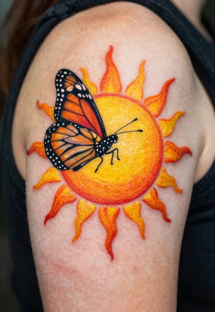18 Monarch Butterfly Tattoo Ideas: Elegant, Symbolic, and Bold - 13. Monarch Butterfly and Sun 1