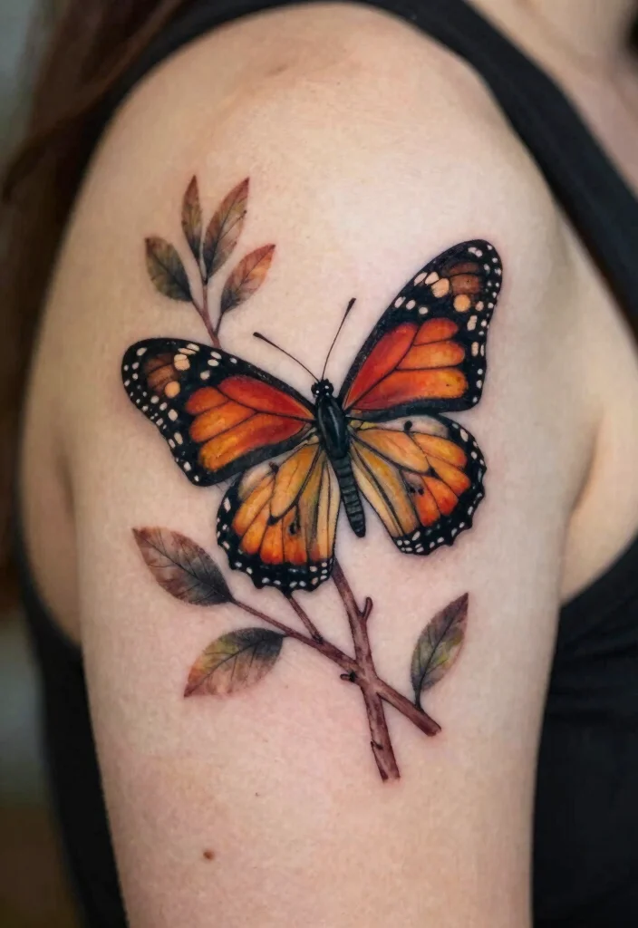 18 Monarch Butterfly Tattoo Ideas: Elegant, Symbolic, and Bold - 17. Monarch Butterfly on a Branch 1