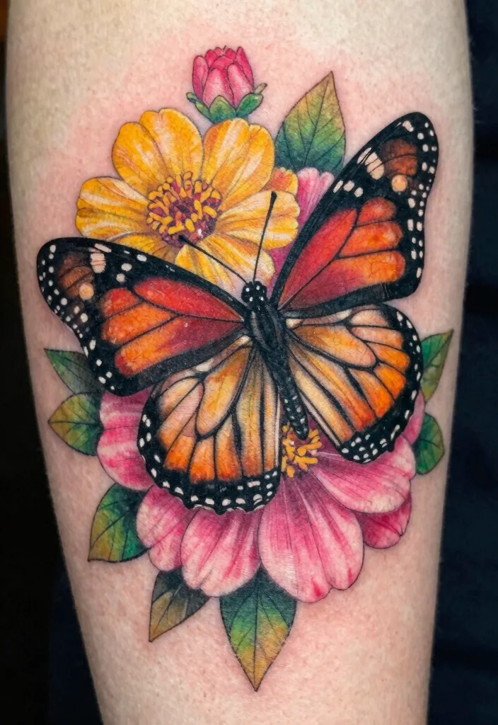 18 Monarch Butterfly Tattoo Ideas: Elegant, Symbolic, and Bold - 2. Monarch Butterfly on Floral Background 1