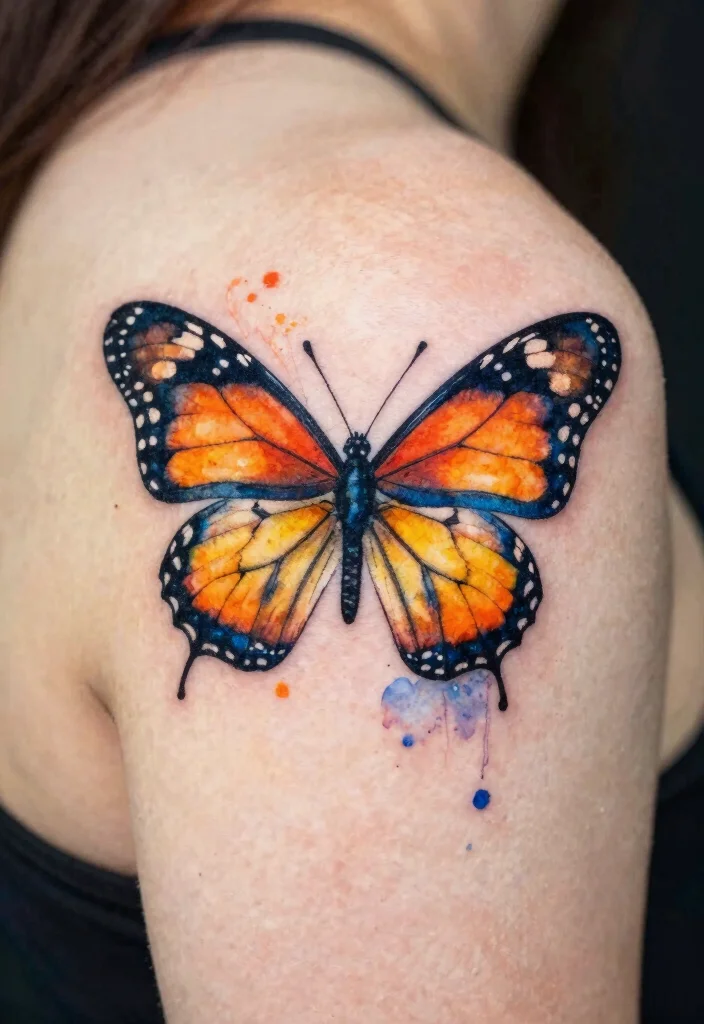 18 Monarch Butterfly Tattoo Ideas: Elegant, Symbolic, and Bold - 3. Watercolor Monarch Butterfly Tattoo 1