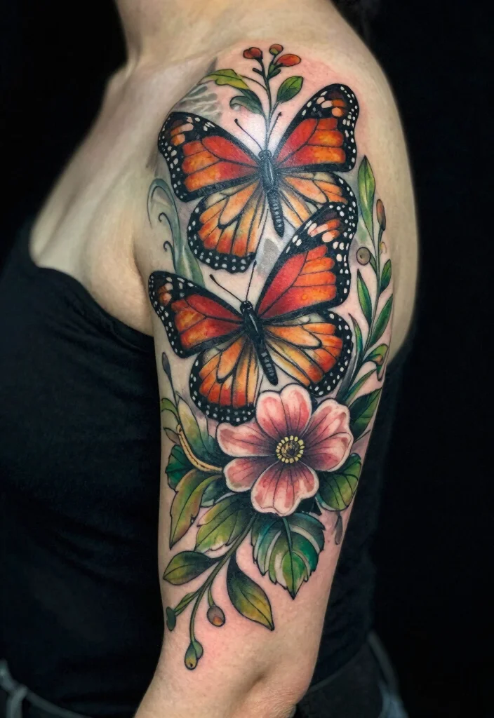 18 Monarch Butterfly Tattoo Ideas: Elegant, Symbolic, and Bold - 9. Half-Sleeve Monarch Butterfly Tattoo 1