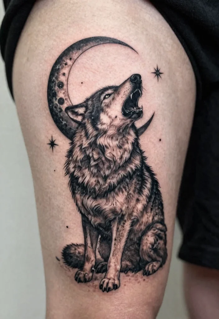 18 Moon Tattoo Design Ideas Unique Mystical and Modern - 12. Moon and Wolf Connection 1