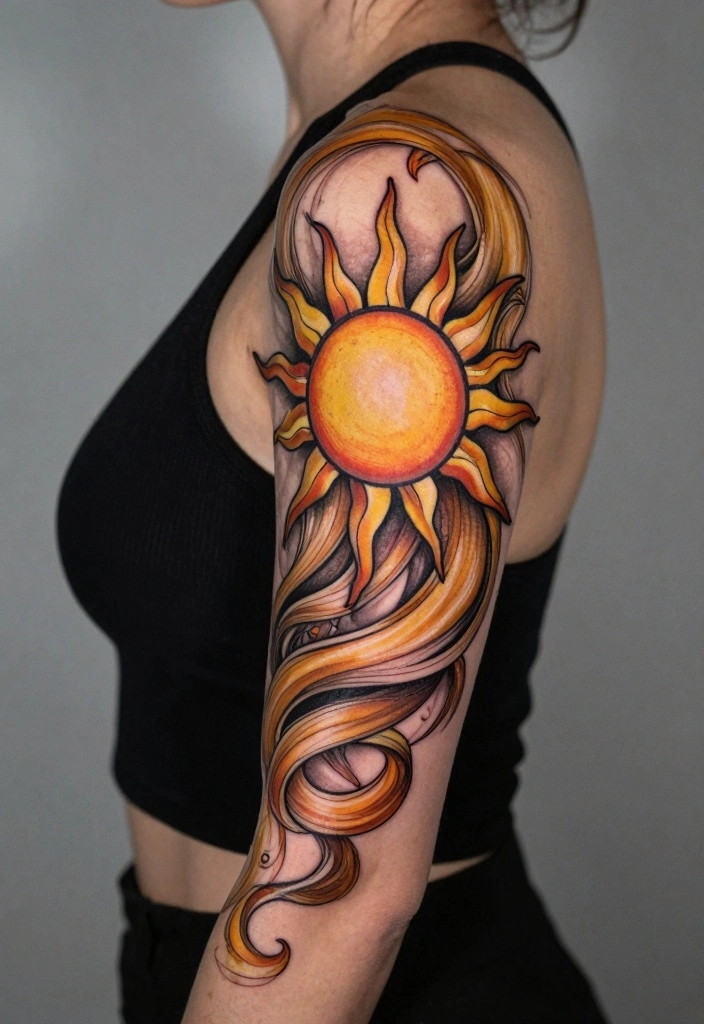 18 Rapunzel Sun Tattoo Ideas Inspired by Rapunzel - 1. Bold Sun Emblem with Swirling Hair 1