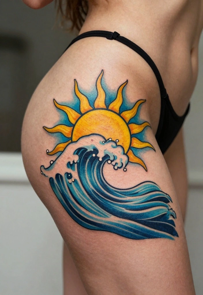 18 Rapunzel Sun Tattoo Ideas Inspired by Rapunzel - 10. Sun and Waves Tattoo 1