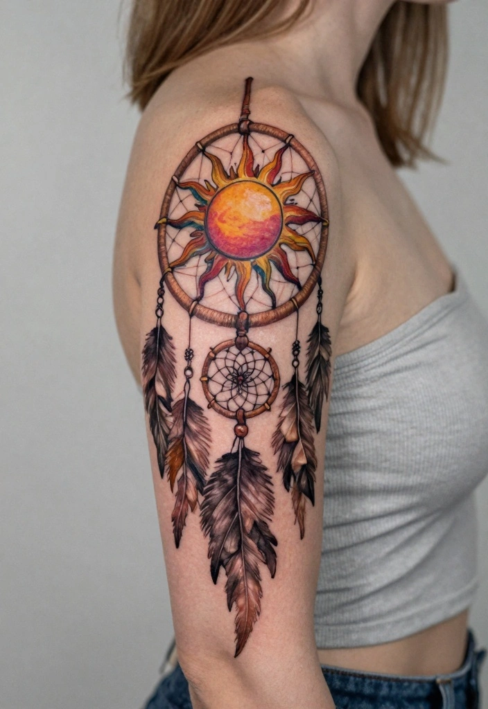18 Rapunzel Sun Tattoo Ideas Inspired by Rapunzel - 11. Sun with Dreamcatcher 1