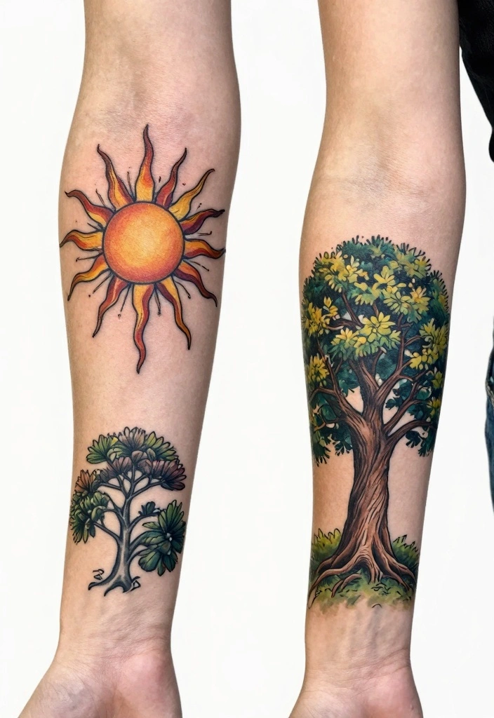 18 Rapunzel Sun Tattoo Ideas Inspired by Rapunzel - 13. Sun and Tree Tattoo 1