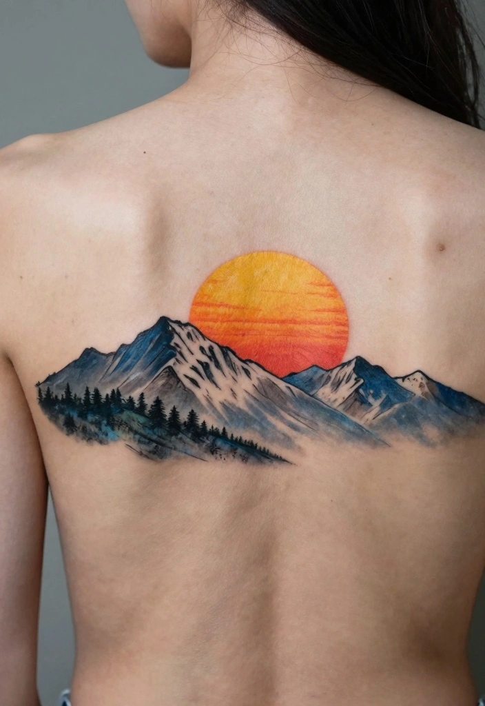 18 Rapunzel Sun Tattoo Ideas Inspired by Rapunzel - 15. Sun and Mountain Tattoo 1
