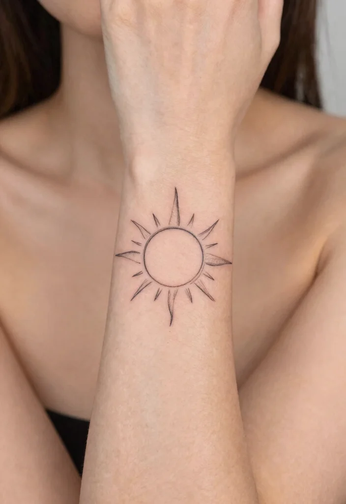 18 Rapunzel Sun Tattoo Ideas Inspired by Rapunzel - 17. Line Art Sun Tattoo 1
